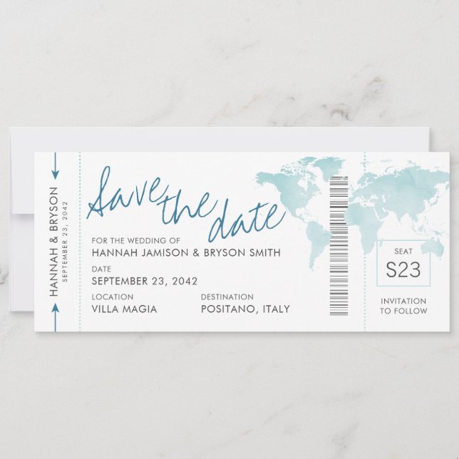 World Map Teal Blue Boarding Pass Save the Date (Front)