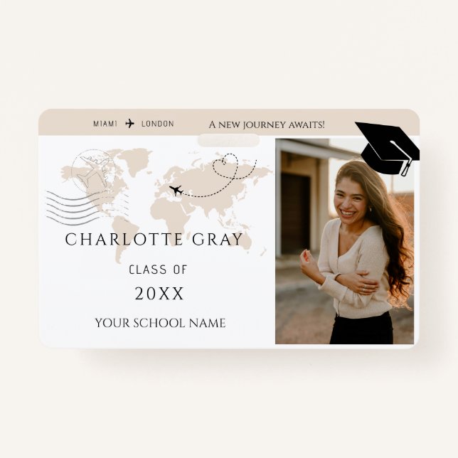 World Map travel adventure begins GRAD name ID Badge (Front)