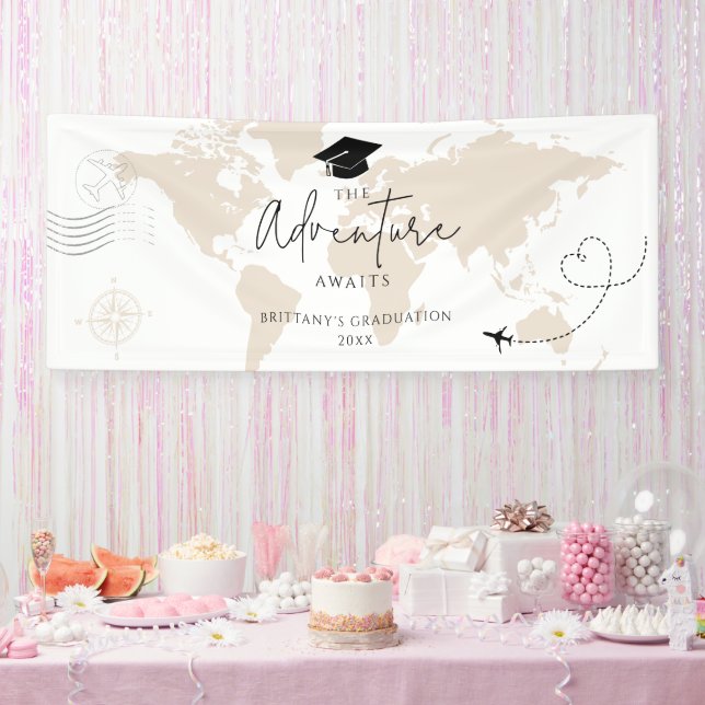 World Map travel adventure begins Graduation Banner (Party)