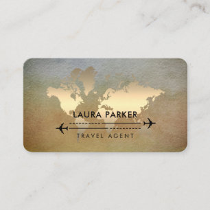 World Map Travel Agent Gold Tourism Aeroplane Business Card