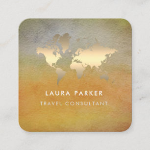 World Map Travel Agent Watercolor Gold Tourism Bus Square Business Card