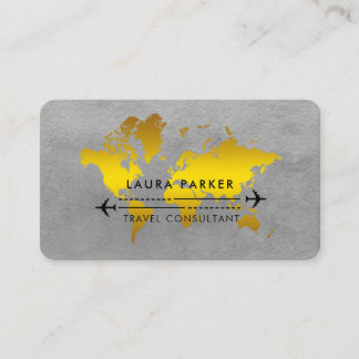 World Map Travel Agent Watercolor Gold Tourism Business Card