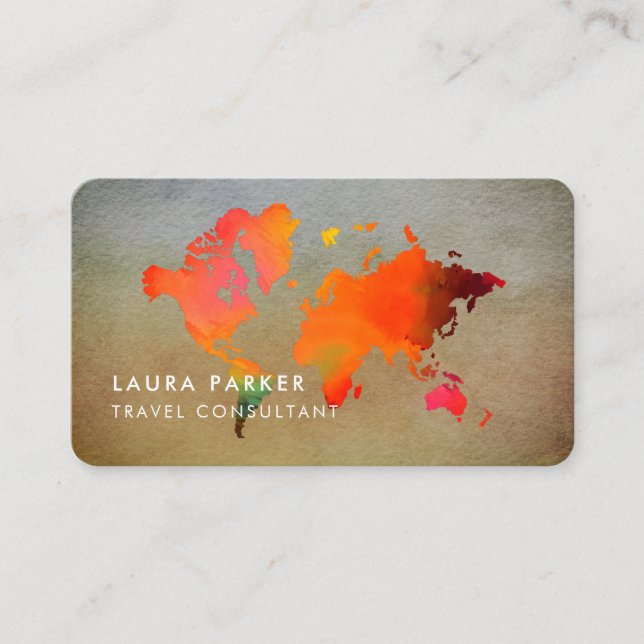 World Map Travel Agent Watercolor  Tourism Business Card (Front)