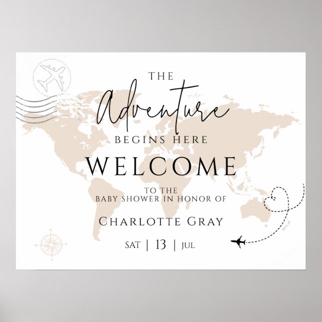 World map travel baby shower welcome sign poster (Front)