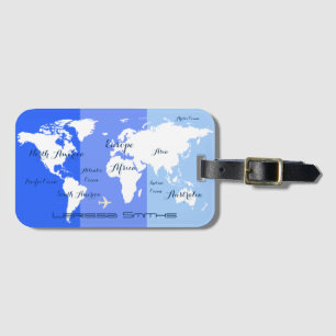 world map travel blue striped luggage tag