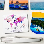 World Map Travel Destination Wedding Save the Date Magnet<br><div class="desc">World Map Travel Destination Wedding Save the Date magnet. Customise text and heart colours to match your wedding theme.  Also move the heart to your preferred destination on the map!</div>