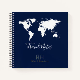 World Map Travel Notes Blue Notebook