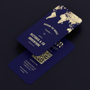 World Map Travel Planner Dark Blue Gold Modern Business Card