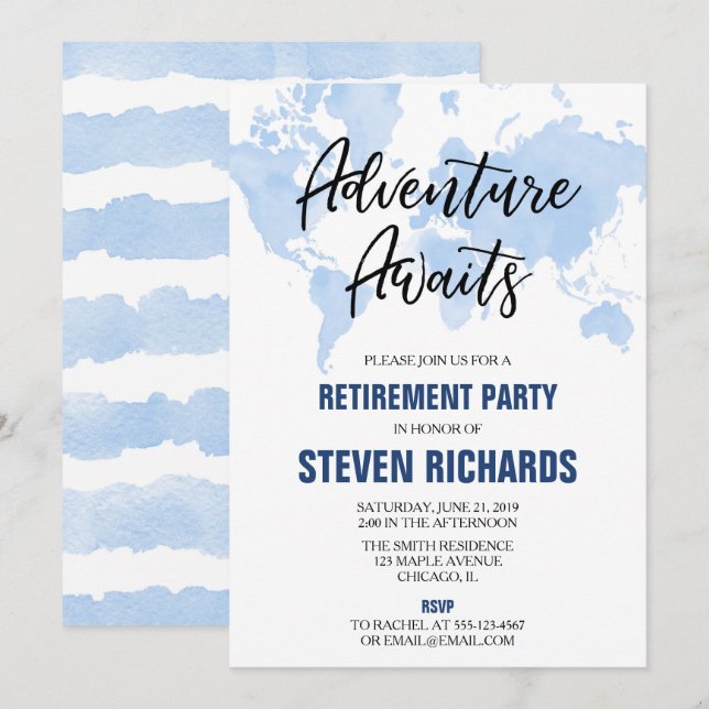 World map traveller retirement watercolor blue invitation (Front/Back)