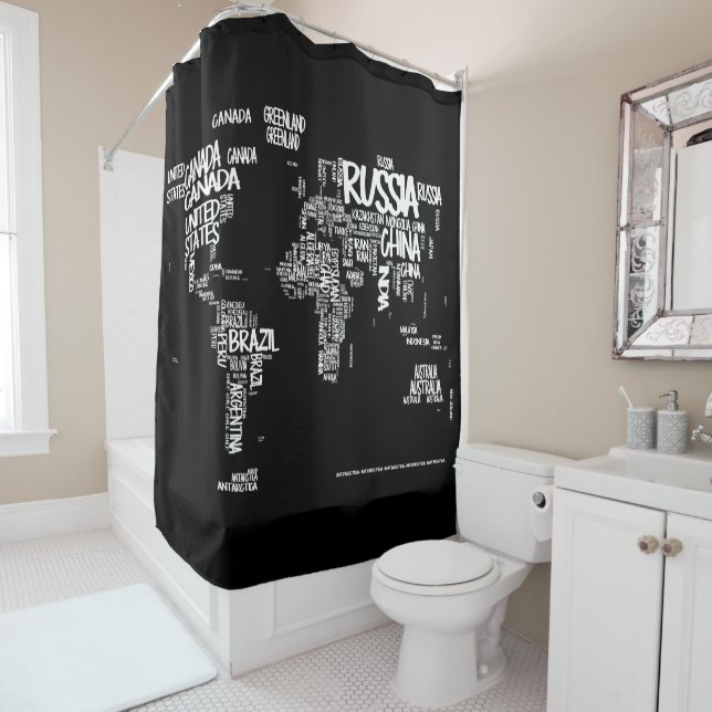 World Map Typography Shower Curtain, Black & White Curtain (In Situ)