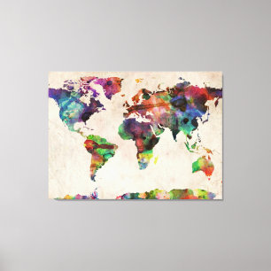 World Map Urban Watercolor Canvas Print