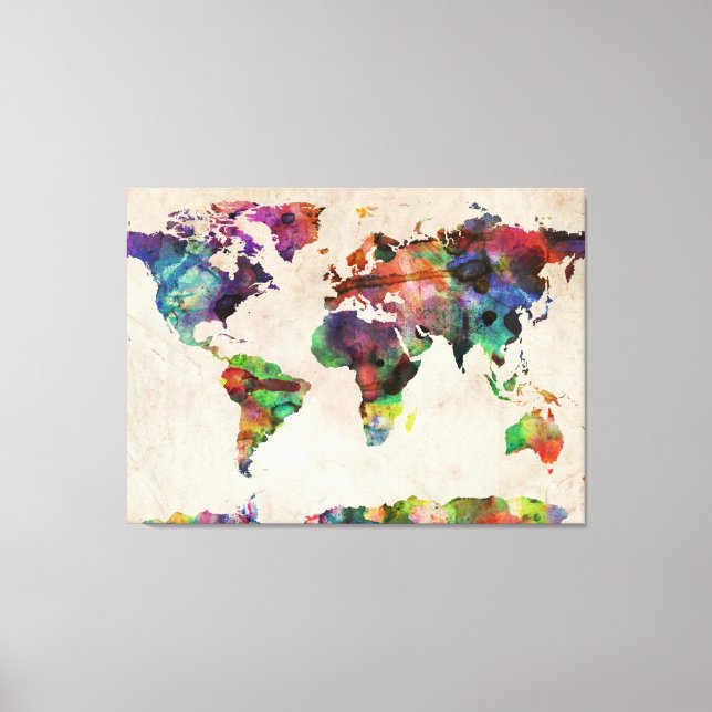 World Map Urban Watercolor Canvas Print (Front)
