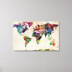 World Map Urban Watercolor Canvas Print