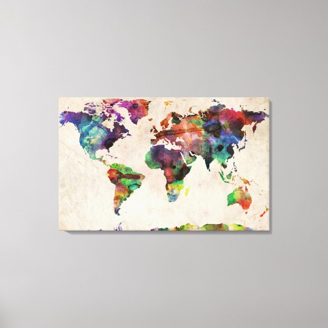 World Map Urban Watercolor Canvas Print (Front)