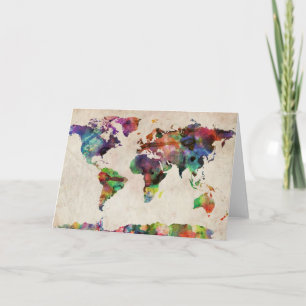 World Map Urban Watercolor Card