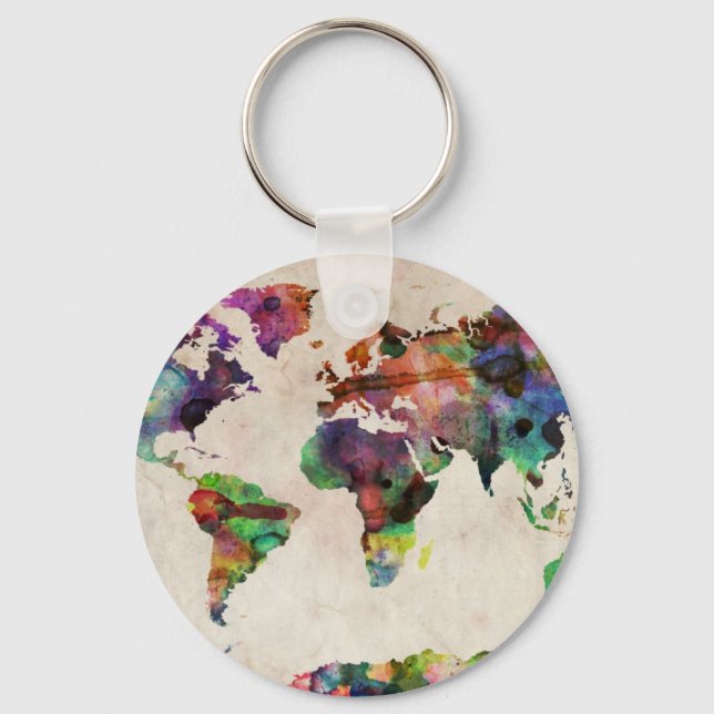 World Map Urban Watercolor Key Ring (Front)