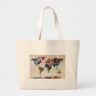World Map Urban Watercolor Large Tote Bag