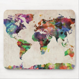 World Map Urban Watercolor Mouse Mat