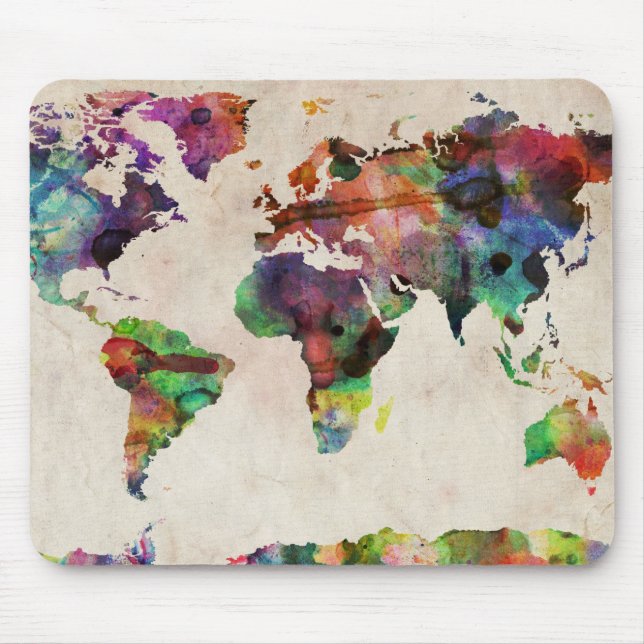 World Map Urban Watercolor Mouse Mat (Front)