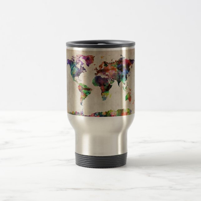 World Map Urban Watercolor Travel Mug (Center)