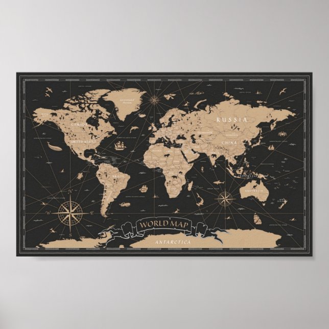World Map Vintage Black Golden Poster (Front)