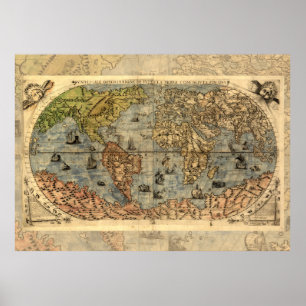 World Map Vintage Historical Antique Atlas Poster