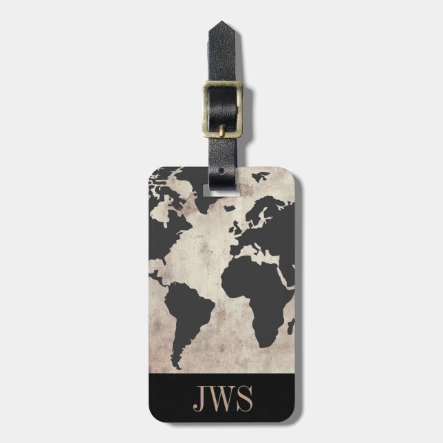 World Map Vintage Initial Luggage Tag (Front Vertical)