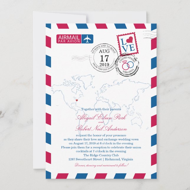 World Map Virginia USA Airmail | Wedding Invitation (Front)
