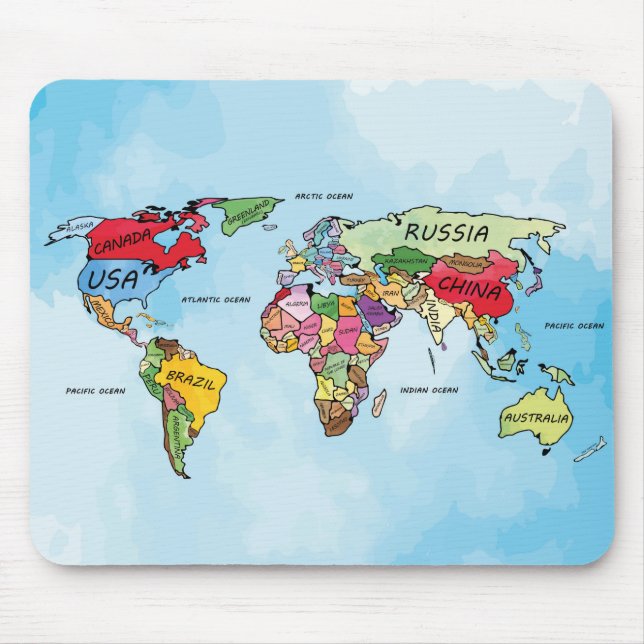 World Map watercolor artwork Mouse Mat (Front)