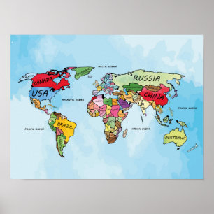 World Map watercolor artwork Poster
