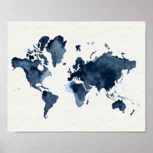 World Map Watercolor Navy Poster