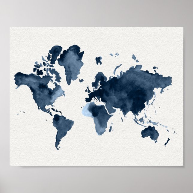World Map Watercolor Navy Poster (Front)