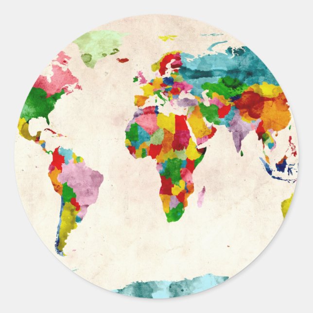 World Map Watercolors Classic Round Sticker (Front)