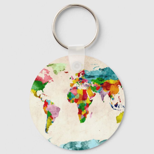 World Map Watercolors Key Ring (Front)