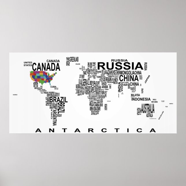 WORLD MAP with COUNTRIES as TEXT Poster (Front)