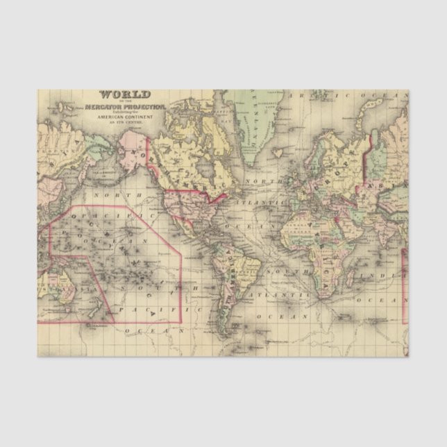 World Map with Explorers' sea routes Tissue Paper (Front)