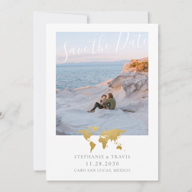 World Map with Heart Destination Wedding Photo Save The Date (Front)