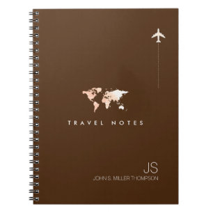 World Map with Name, Brown Travel Notebook