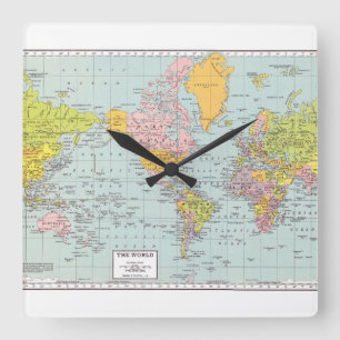 World Map with white border Square Wall Clock