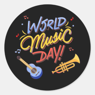 World music day quote trumpet guitar  classic round sticker