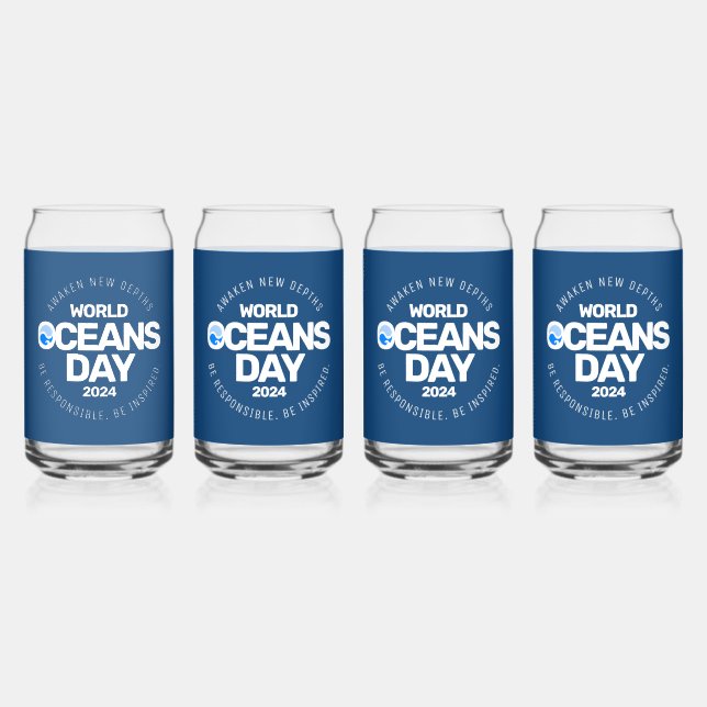 World Oceans Day Blue Stylised Earth Waves Can Glass (Front)