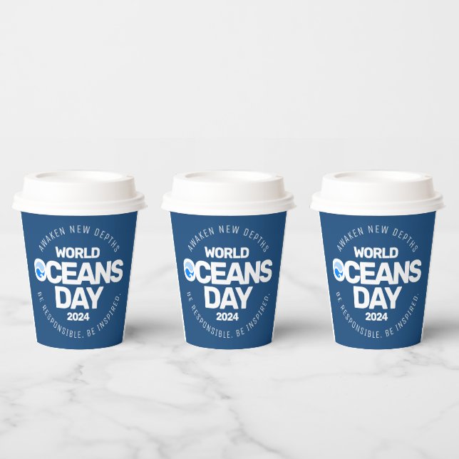 World Oceans Day Blue Stylised Earth Waves Paper Cups (Multi)