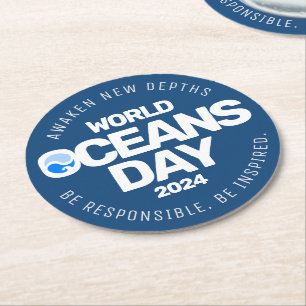 World Oceans Day Blue Stylised Earth Waves Round Paper Coaster