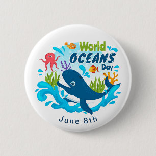 World Oceans Day Blue Whale Octopus Custom Text 6 Cm Round Badge