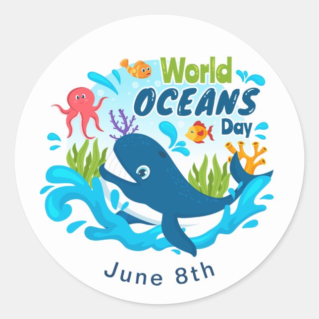 World Oceans Day Blue Whale Octopus Custom Text Classic Round Sticker (Front)