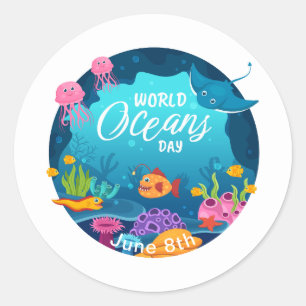 World Oceans Day Colourful Underwater Marine Scene Classic Round Sticker