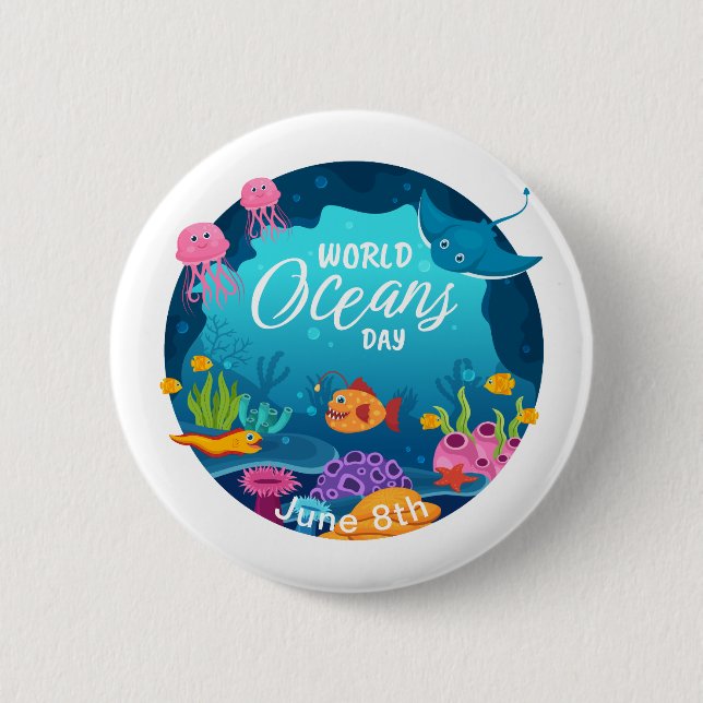 World Oceans Day Underwater Fish Scene Custom Text 6 Cm Round Badge (Front)