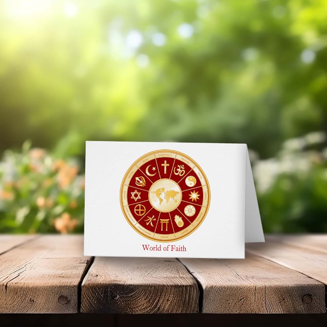 World of Faith Greeting Card (World of Faith Greeting Card.
Gold symbols of international religions surround a world map. )
