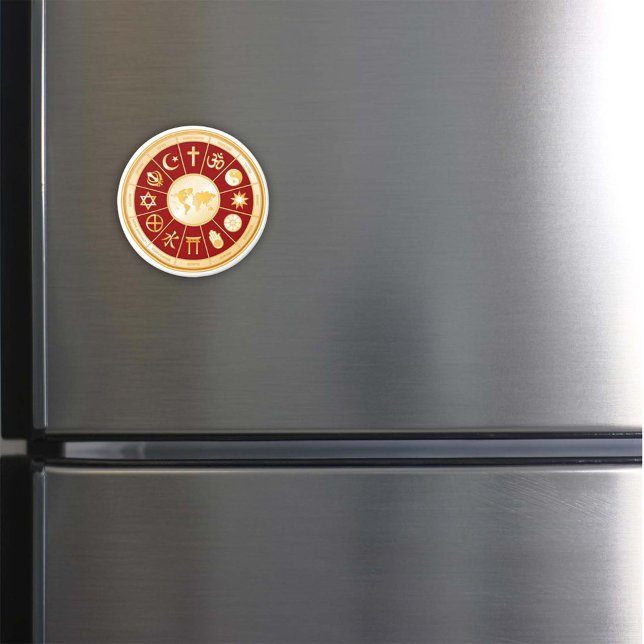 World of Faith Magnet (World of Faith Magnet. Gold symbols of international religions surround a world map. )