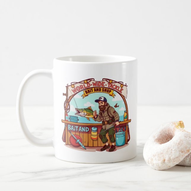 World of Fishing at Our Bait and Tackle Shop Coffee Mug (With Donut)